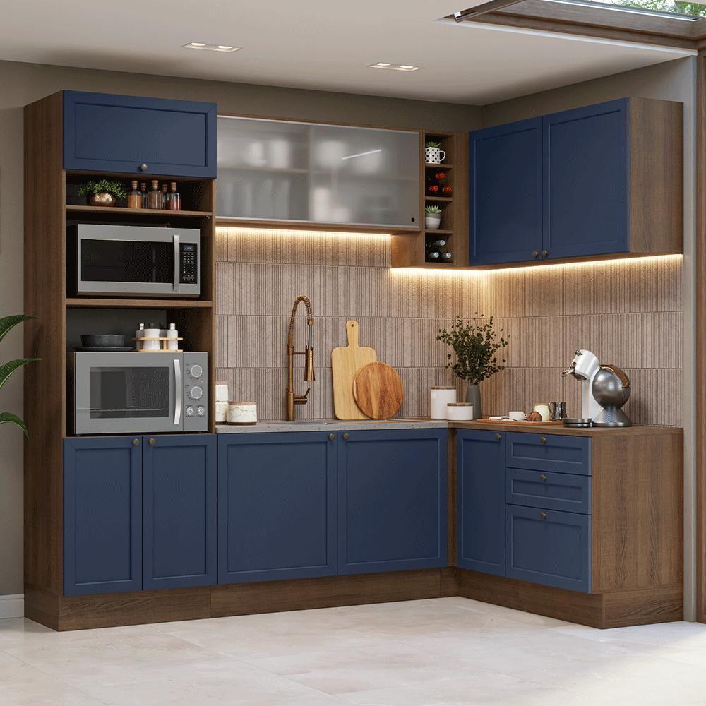 Armário De Cozinha Completa De Canto 399 Cm Rustic-azul Vik Madesa 01 Rustic-azul - 1