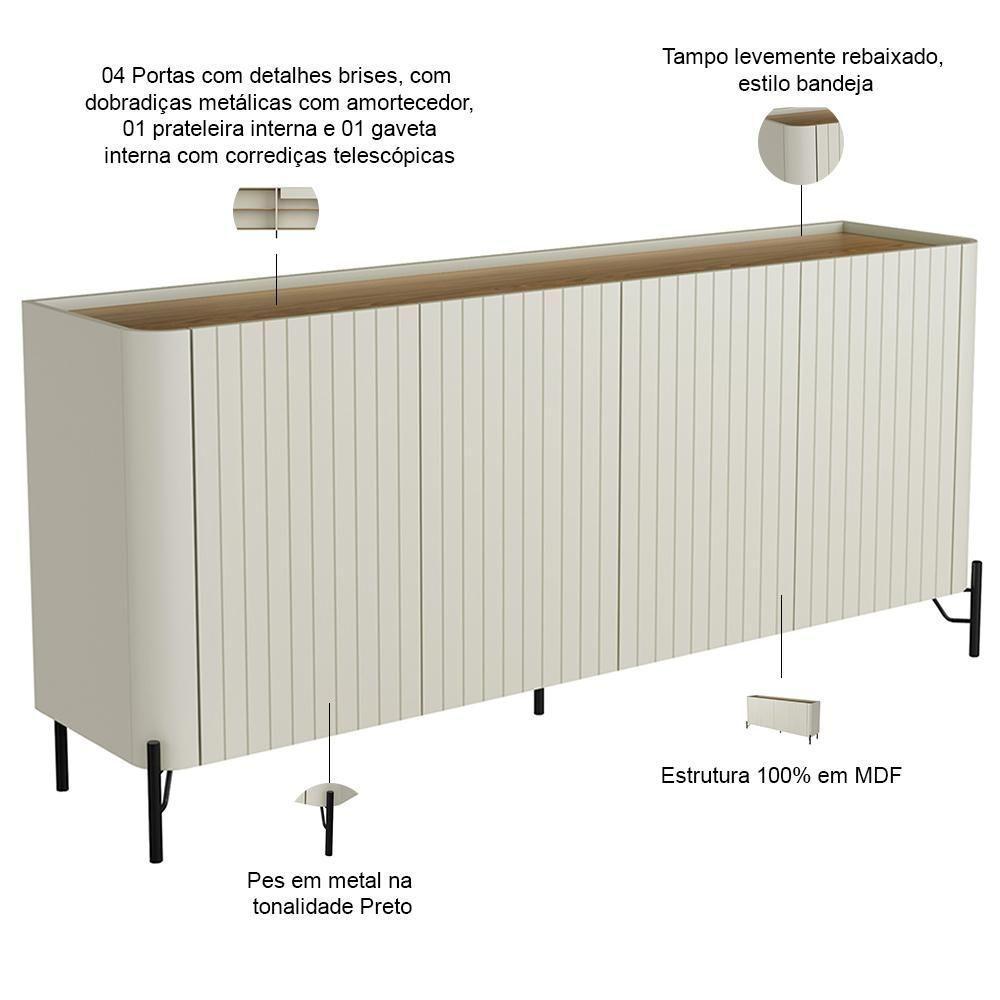 Buffet Sala De Jantar 4 Portas Brise 1 Gaveta Pés Industrial Preto Naim I03 Luna Louro - Lyam - 3