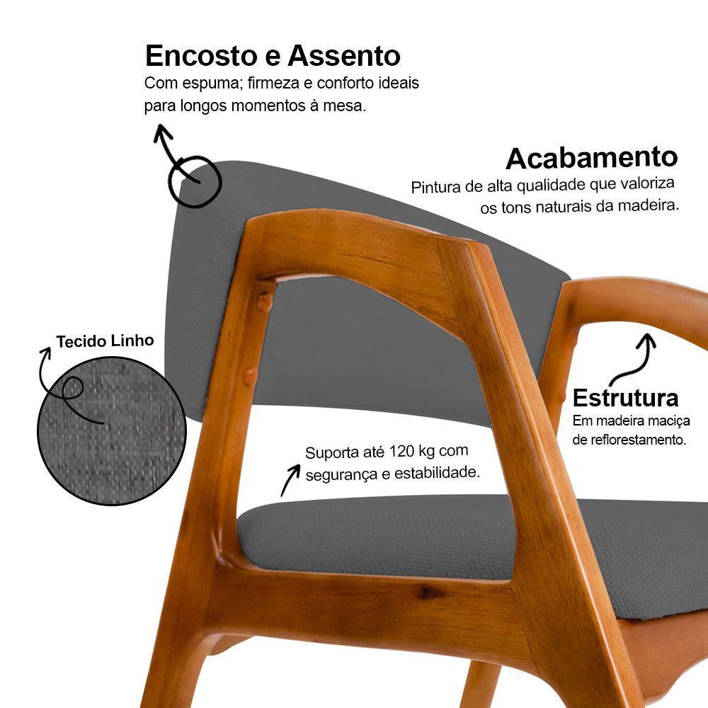 Cadeira De Jantar Gabriela Em Madeira E Mdf Cerejeira Linho Cinza Grafite - 3