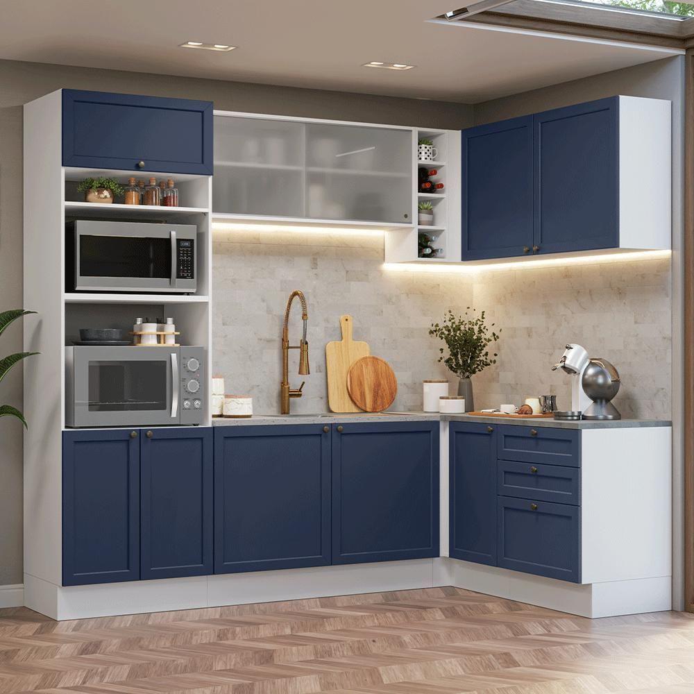 Armário De Cozinha Completa De Canto 399 Cm Branco-azul Vik Madesa 01 Branco-azul - 1