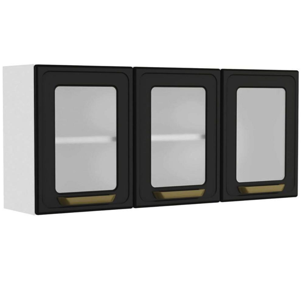 Armário Aéreo P- Cozinha Bella C- 3 Portas C- Vidro 120cm Grafite - Bertolini - 1