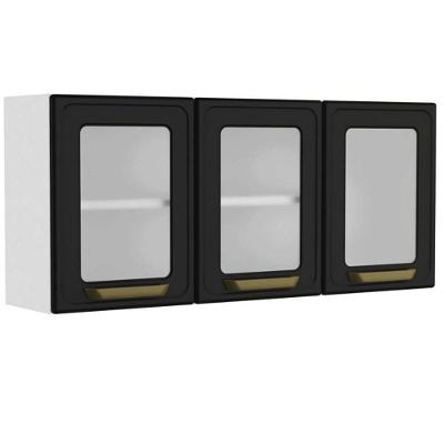 Armário Aéreo P- Cozinha Bella C- 3 Portas C- Vidro 120cm Grafite - Bertolini