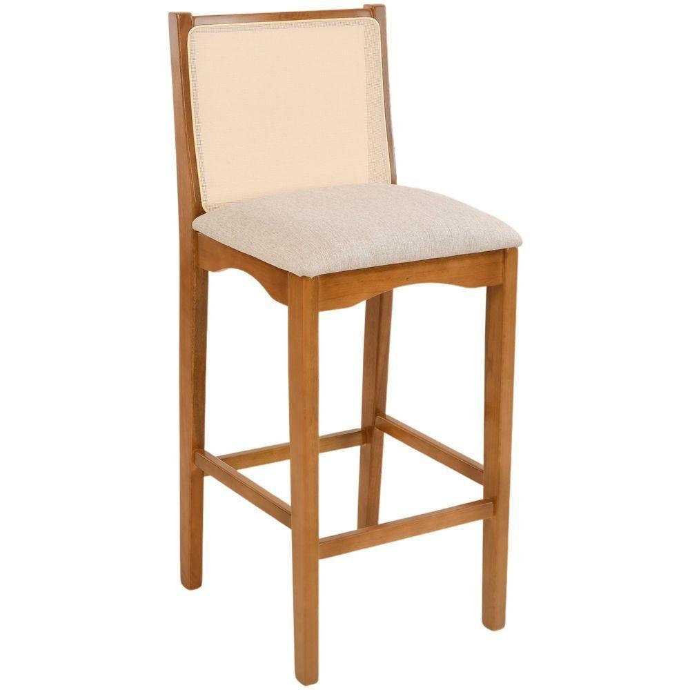 Banqueta Toscana Madeira Maciça Carvalho Tela Bege Tecido Linho Bege - 1