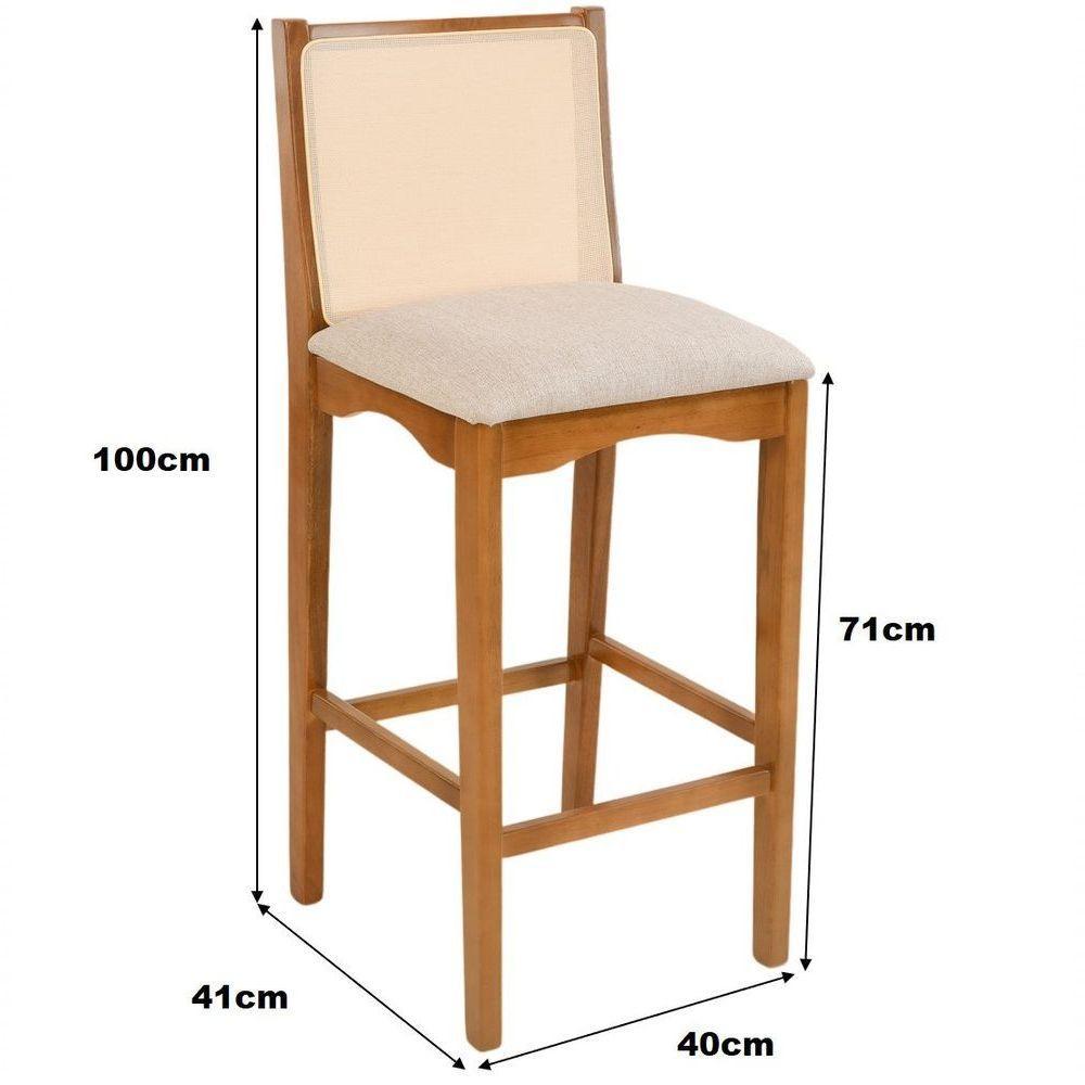 Banqueta Toscana Madeira Maciça Carvalho Tela Bege Tecido Linho Bege - 2