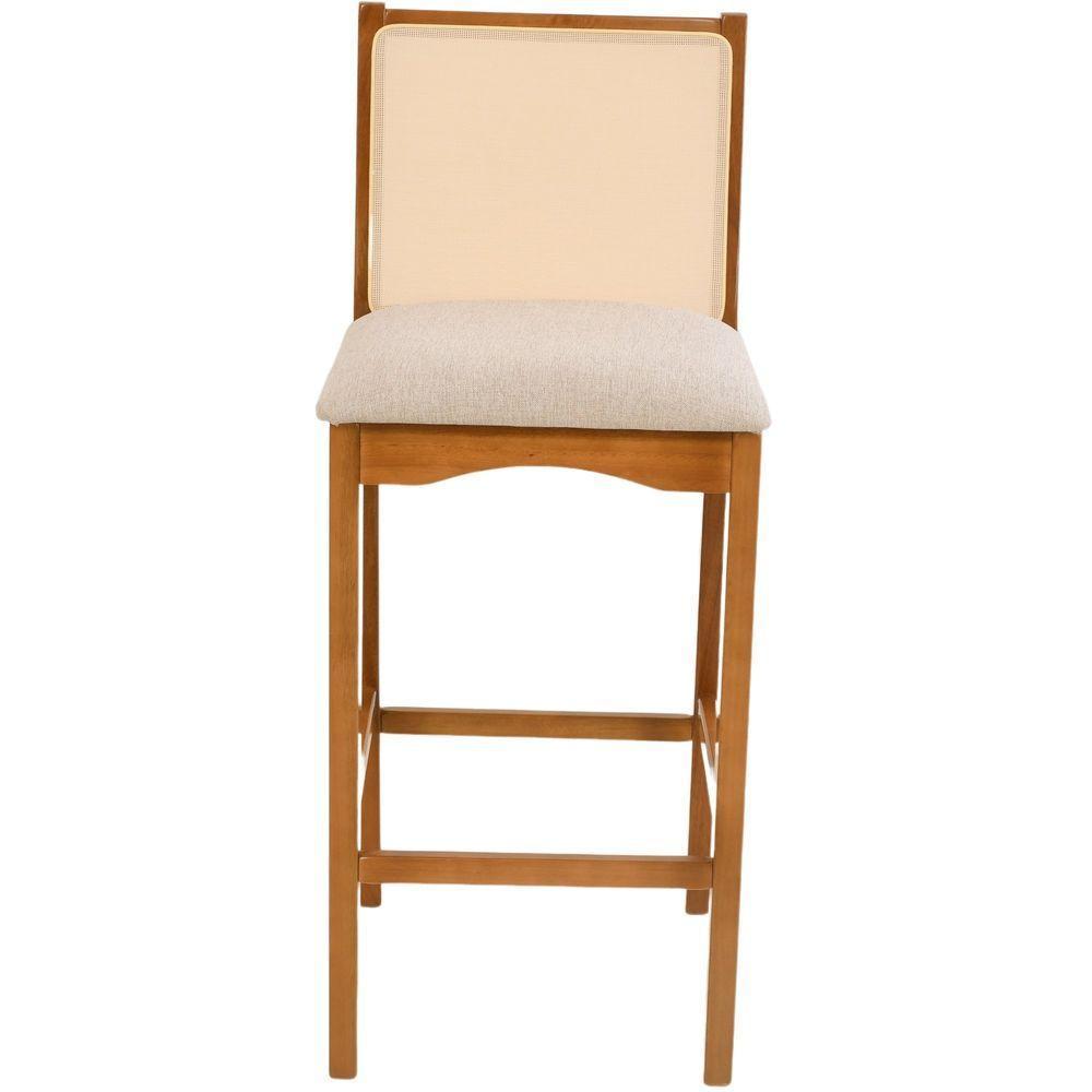 Banqueta Toscana Madeira Maciça Carvalho Tela Bege Tecido Linho Bege - 3