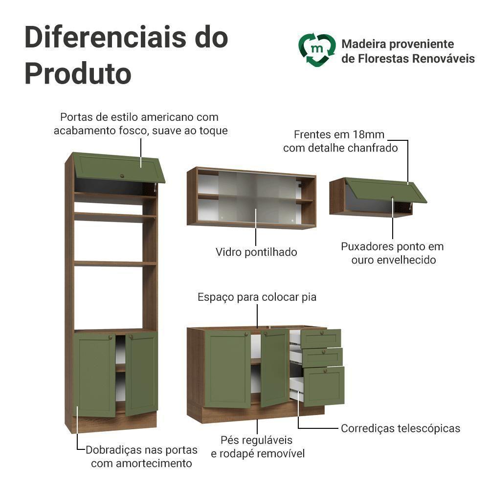 Armário De Cozinha Completa 270 Cm Rustic-verde Vik Madesa 03 Rustic-verde - 4
