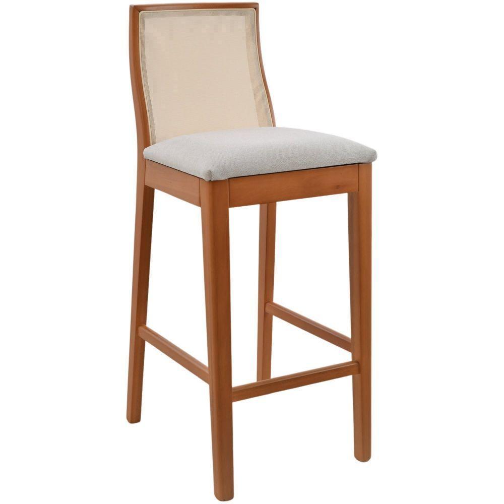 Banqueta Alta Arizona Madeira Maciça Amêndoa Encosto Tela Sling Bege Assento Sued - 1