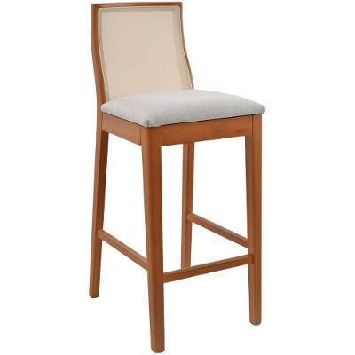 Banqueta Alta Arizona Madeira Maciça Amêndoa Encosto Tela Sling Bege Assento Sued