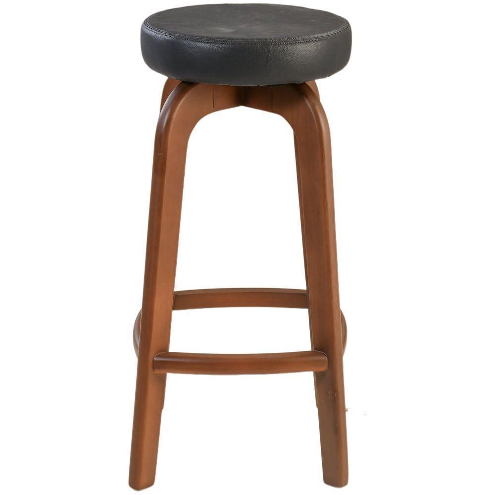 Banqueta Banco Alto Bar Em Madeira Maciça Castanho Assento Redondo Corino Preto - 3