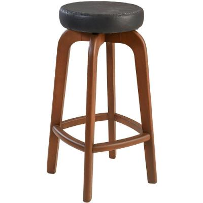 Banqueta Banco Alto Bar Em Madeira Maciça Castanho Assento Redondo Corino Preto