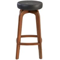 Banqueta Banco Alto Bar Em Madeira Maciça Castanho Assento Redondo Corino Preto - 3