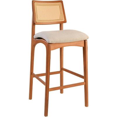 Banqueta Alta Amsterdã Madeira Maciça Amendoa Encosto Palha Sextavada Natural Assento Boucle Off White