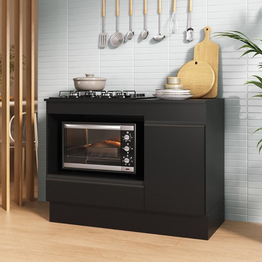 Balcão Cozinha Para Cooktop E Forno 105cm 1 Porta 1 Gaveta Com Rodapé Veneza Multimóveis Mp2295 - Preto - 1