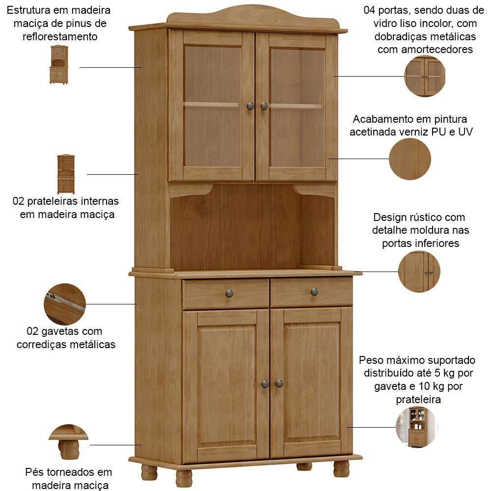 Armário De Cozinha Rústico Com Cristaleira 4 Portas 2 Gavetas Lazuli F06 Freijó - Lyam Decor - 4