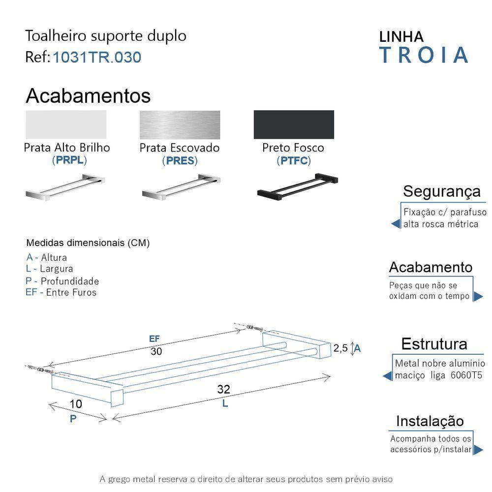 Porta Toalha Toalheiro Duplo Para Banheiro Preto Fosco Troia 30cm - 4