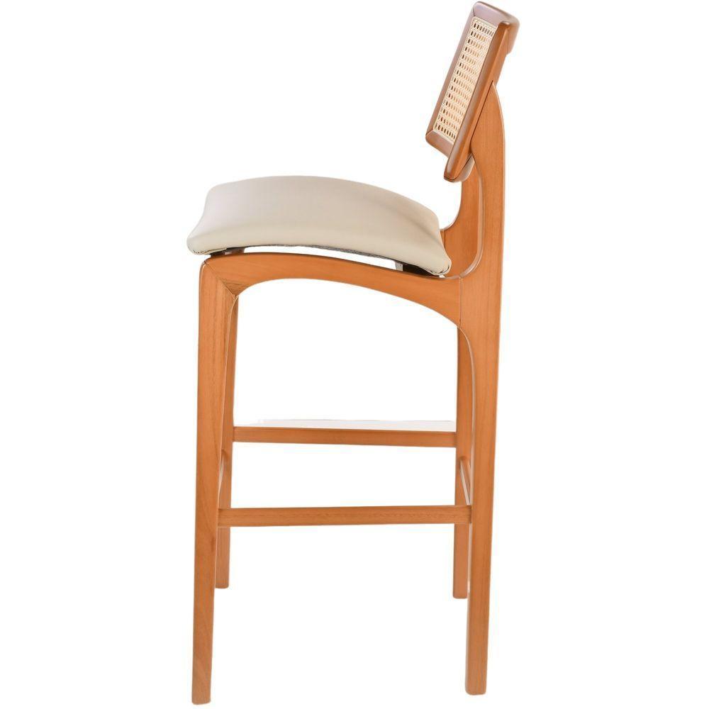Banqueta Alta Amsterdã Madeira Maciça Amêndoa Encosto Palha Sextavada Natural Assento Corino Off White - 4