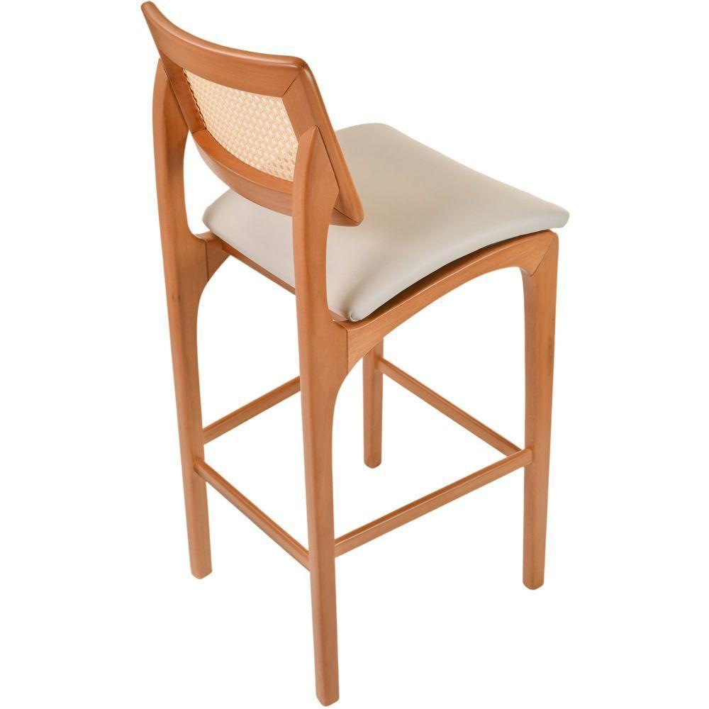 Banqueta Alta Amsterdã Madeira Maciça Amêndoa Encosto Palha Sextavada Natural Assento Corino Off White - 5