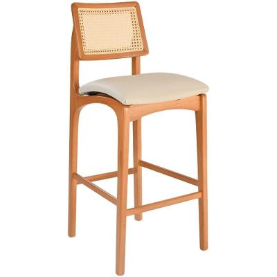 Banqueta Alta Amsterdã Madeira Maciça Amêndoa Encosto Palha Sextavada Natural Assento Corino Off White