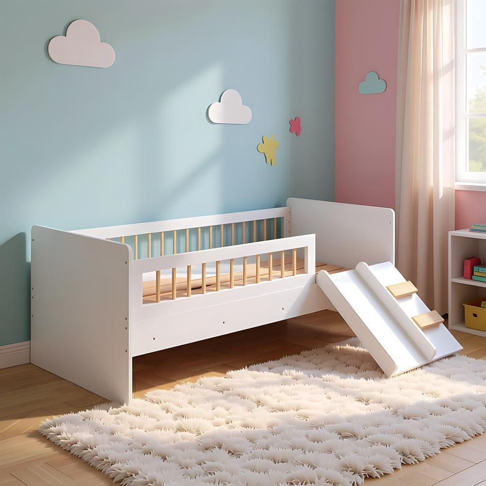 Cama Montessoriana Infantil Com Escorrega E Proteção Lateral - Branco - 1