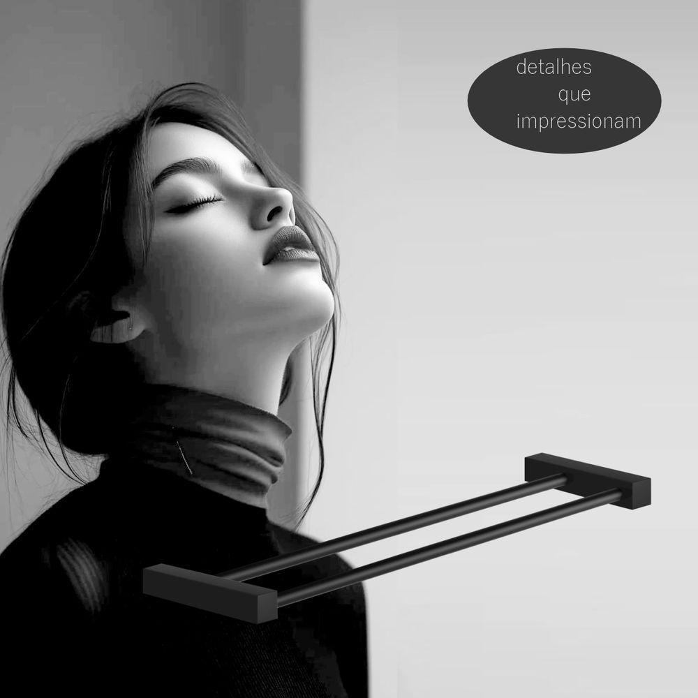 Porta Toalha Toalheiro Duplo Para Banheiro Preto Fosco Troia 40cm - 2