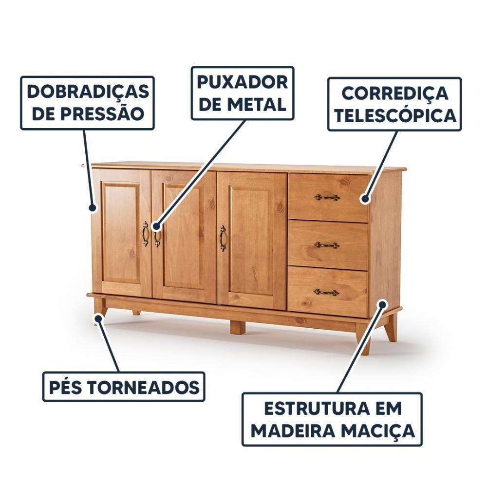 Balcão Aparador Madeira Maciça 3 Portas 3 Gavetas - 4