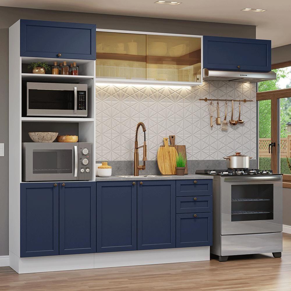 Armário De Cozinha Completa 270 Cm Branco-azul Vik Madesa 04 Branco-azul - 1