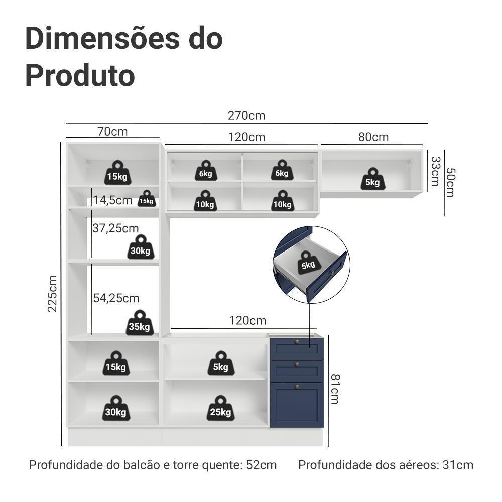 Armário De Cozinha Completa 270 Cm Branco-azul Vik Madesa 04 Branco-azul - 3