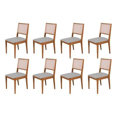 Conjunto Com 8 Cadeiras De Jantar Suellen Em Madeira E Mdf Cerejeira Linho Cinza Prata