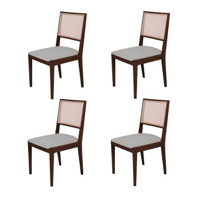 Conjunto Com 4 Cadeiras De Jantar Estofada Suellen Em Madeira E Mdf Castanho Linho Cinza Prata