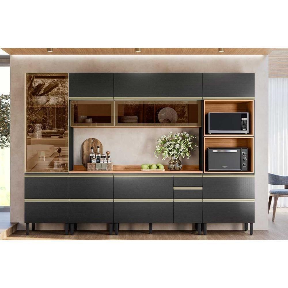 Cozinha Completa Proença 6 Peças (2aéreos+2balcões+1torrequente+1cristaleira) C6p95 Nogueira-carbono Prime Tx - Demóbile - 1