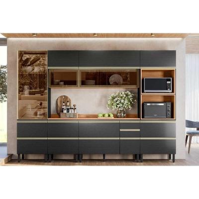 Cozinha Completa Proença 6 Peças (2aéreos+2balcões+1torrequente+1cristaleira) C6p95 Nogueira-carbono Prime Tx - Demóbile