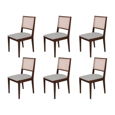 Conjunto Com 6 Cadeiras De Jantar Estofada Suellen Em Madeira E Mdf Castanho Linho Cinza Prata