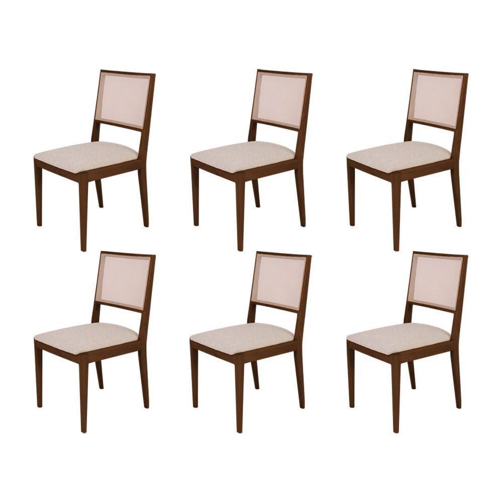 Conjunto Com 6 Cadeiras De Jantar Suellen Em Madeira E Mdf Mel Linho Bege - 1