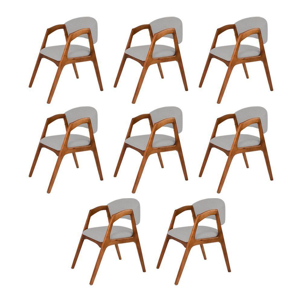 Conjunto Com 8 Cadeiras De Jantar Estofada Gabriela Cerejeira Linho Cinza Prata - 1