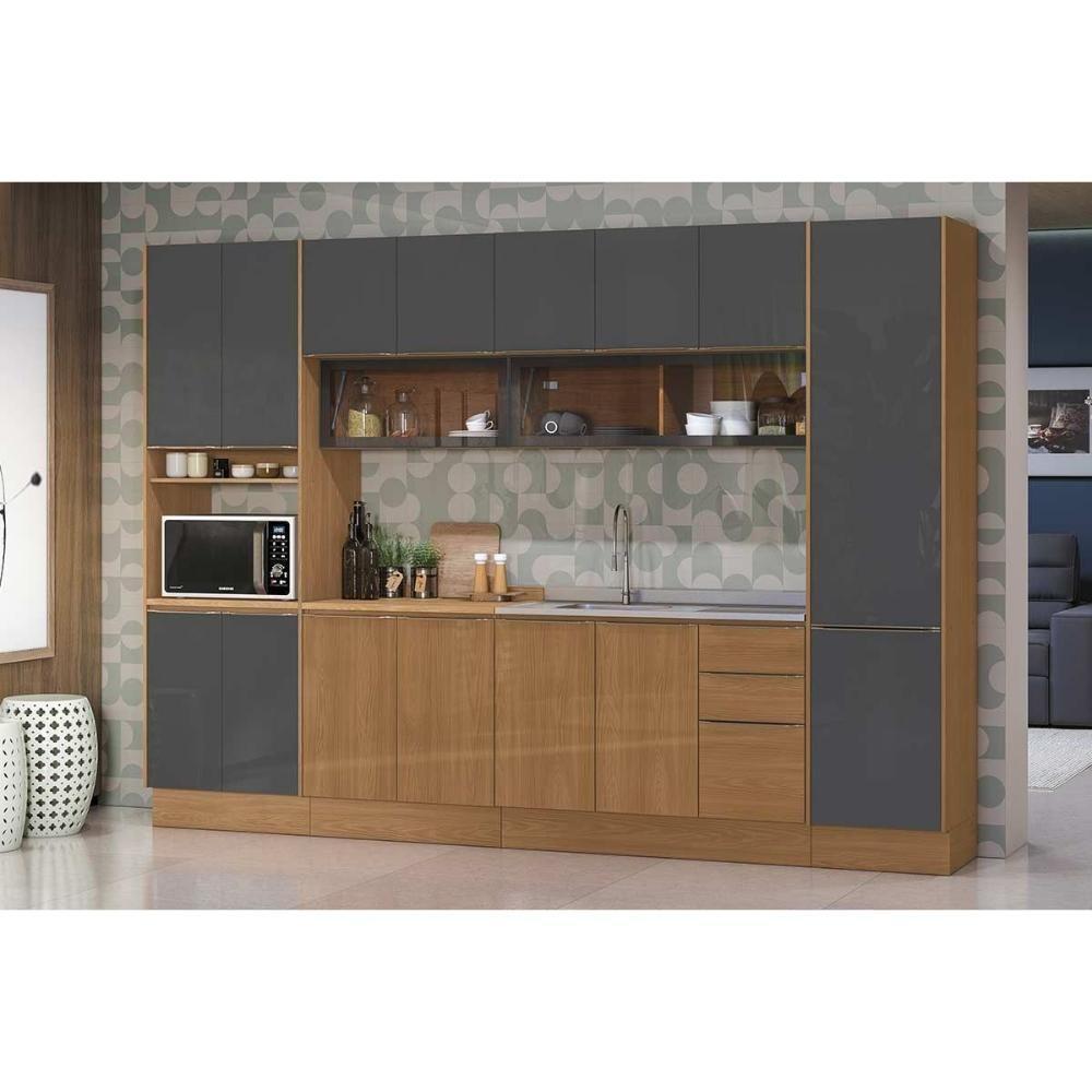 Cozinha Completa Vibra 7 Peças (2aéreos+2balcões+2paneleiros+1complemento) C7p110 Canela-grafite Lacca - Kappesberg - 1