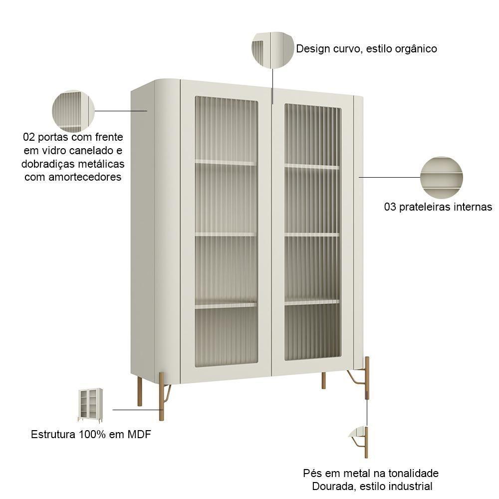 Cristaleira Sala De Jantar 2 Portas Vidro Pés Industrial Dourado Naim I03 Luna - Lyam Decor - 2