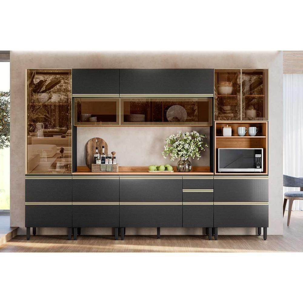 Cozinha Completa Proença 6 Peças (2aéreos+2balcões+1paneleiro+1cristaleira) C6p98 Nogueira-carbono Prime Tx - Demóbile - 1