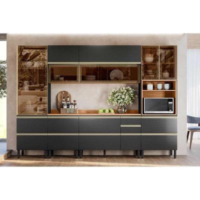 Cozinha Completa Proença 6 Peças (2aéreos+2balcões+1paneleiro+1cristaleira) C6p98 Nogueira-carbono Prime Tx - Demóbile