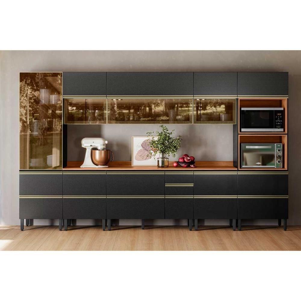 Cozinha Completa Proença 8 Peças (3aéreos+3balcões+1torrequente+1cristaleira) C8p72 Nogueira-carbono Prime Tx - Demóbile - 1