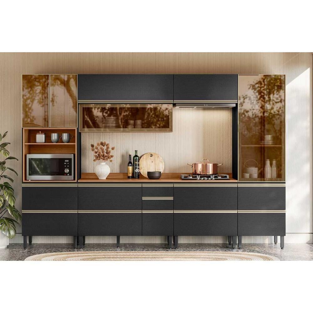 Cozinha Completa Proença 6 Peças (2aéreos+2balcões+1paneleiro+1cristaleira) C6p104 Nogueira-carbono Prime Tx - Demóbile - 1