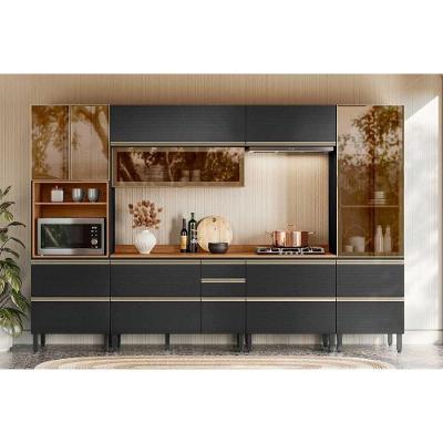 Cozinha Completa Proença 6 Peças (2aéreos+2balcões+1paneleiro+1cristaleira) C6p104 Nogueira-carbono Prime Tx - Demóbile