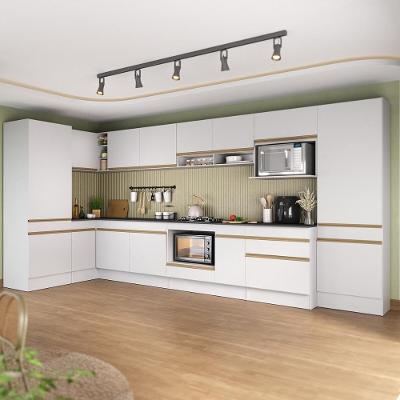 Cozinha Modulada Completa Canto 409cm Com Rodapé Veneza Multimóveis MP2304 Branco Dourado