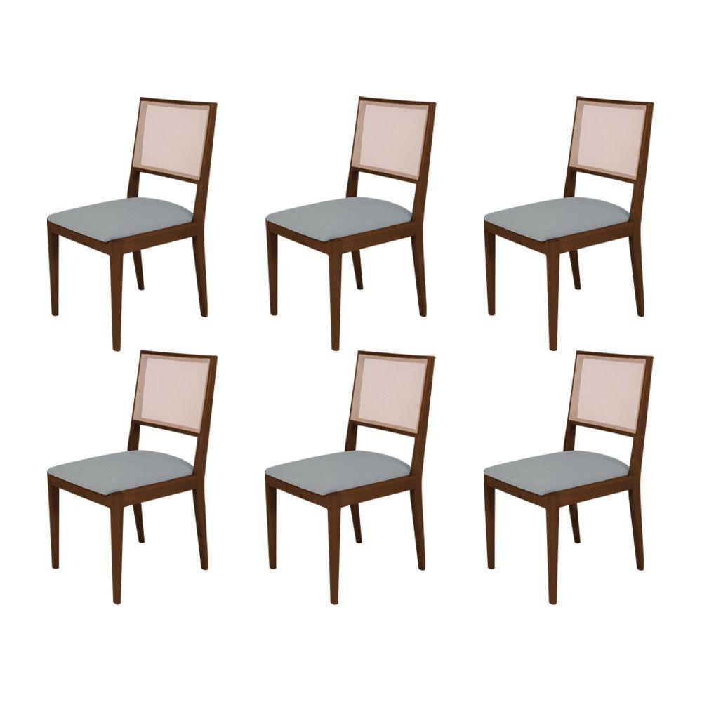 Conjunto Com 6 Cadeiras De Jantar Estofada Suellen Em Madeira E Mdf Mel Linho Cinza - 1