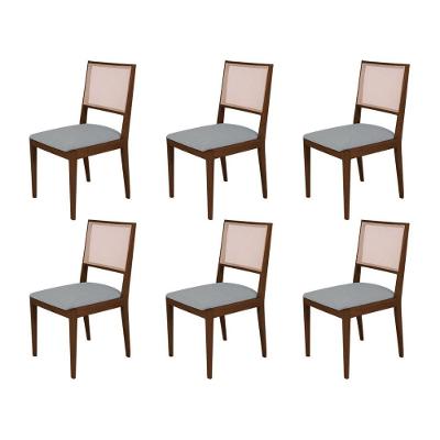 Conjunto Com 6 Cadeiras De Jantar Estofada Suellen Em Madeira E Mdf Mel Linho Cinza