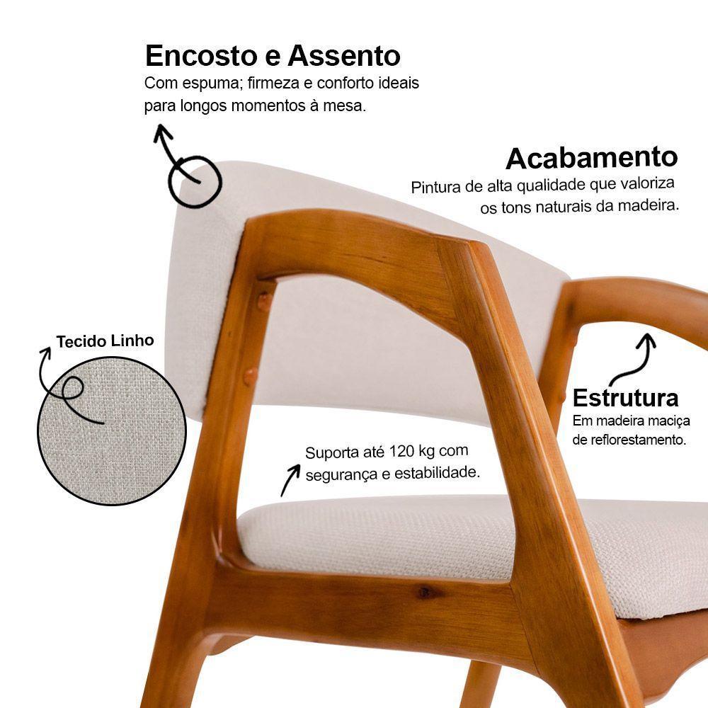 Conjunto Com 8 Cadeiras De Jantar Estofada Gabriela Em Madeira E Mdf Cerejeira Linho Bege - 3