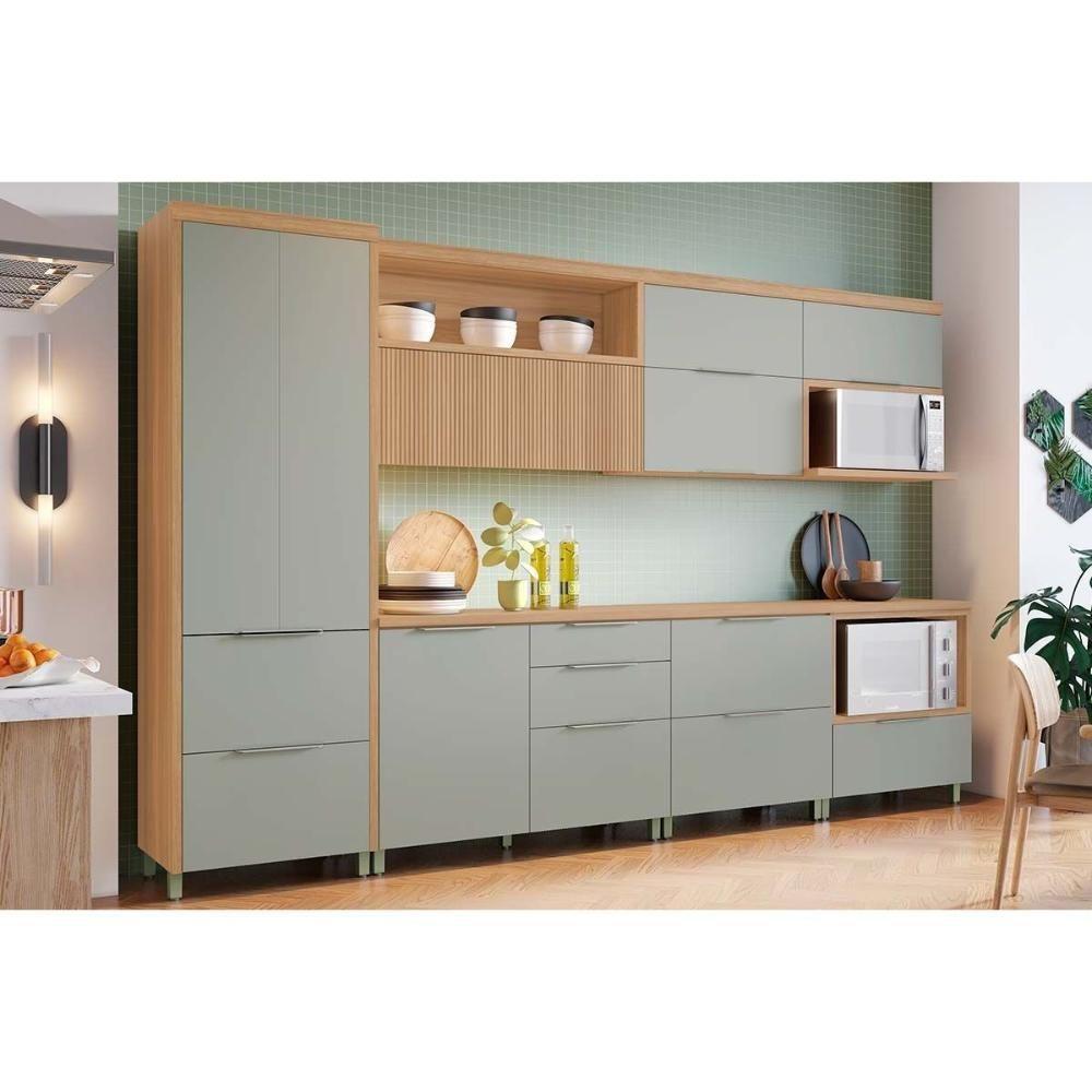 Cozinha Modulada Completa Marquesa 7 Peças (3aéreos+3balcões+1paneleiro) C6p87 Nature-verde - Nesher - 1
