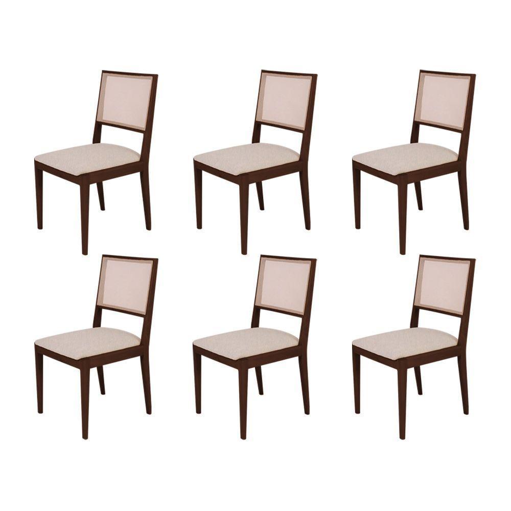 Conjunto Com 6 Cadeiras De Jantar Estofada Suellen Em Madeira E Mdf Castanho Linho Bege - 1