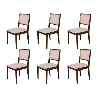 Conjunto Com 6 Cadeiras De Jantar Estofada Suellen Em Madeira E Mdf Castanho Linho Bege
