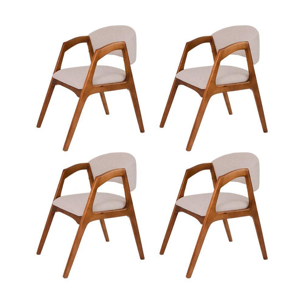 Conjunto Com 4 Cadeiras De Jantar Estofada Gabriela Cerejeira Linho Bege - 1