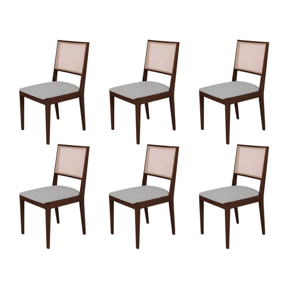 Conjunto Com 6 Cadeiras De Jantar Suellen Em Madeira E Mdf Castanho Linho Cinza Prata - 1